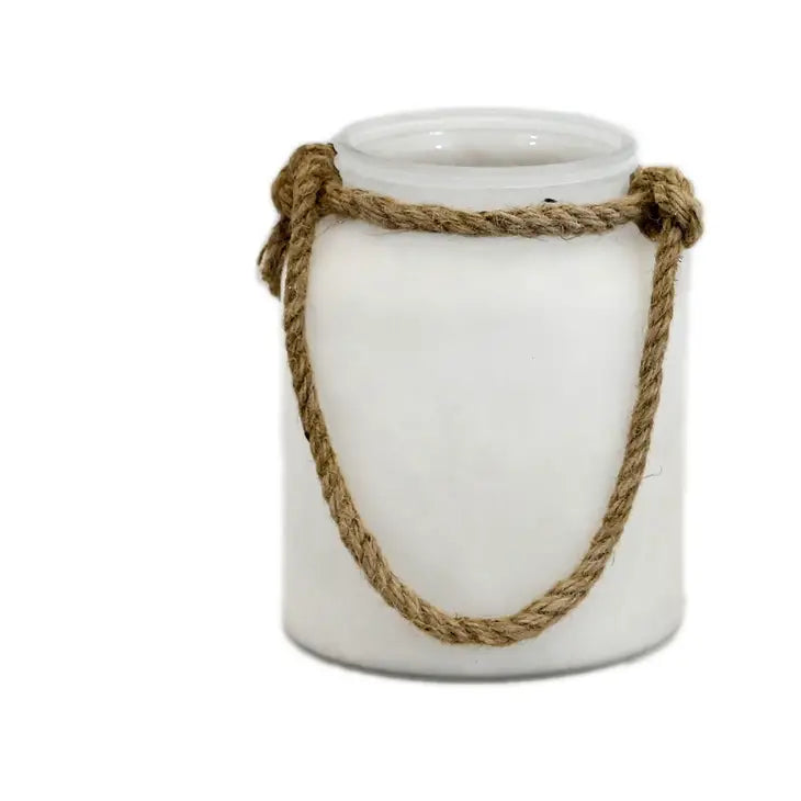 WHITE FROST GLASS JAR W JUTE ROP